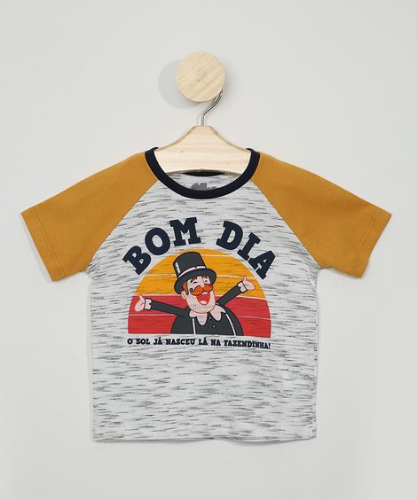 Camiseta Infantil Raglan Mundo Bita Manga Curta Off White