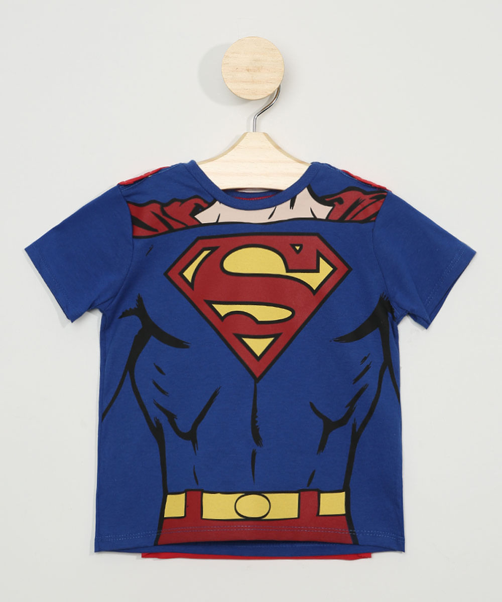 Camiseta Infantil Super-Homem Manga Curta com Capa Azul Menor preço em Camiseta Infantil Super-Homem Manga Curta com Capa Azul