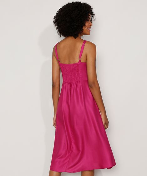 vestido feminino evasê com franzido alça média rosa escuro