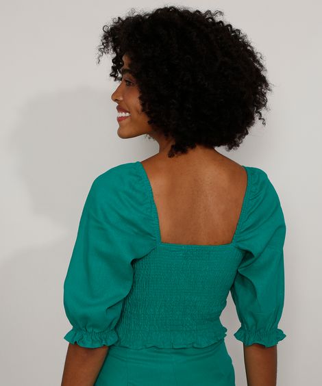 Blusa de Linho Feminina Manga Bufante Cropped com Lastex Decote Reto Verde