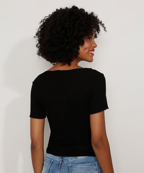 Blusa Feminina Manga Curta Cropped Canelada com Franzido e Amarração Decote V Preta