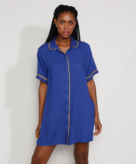 Vestido Chemise Feminino Mindset Curto Oversized com Vivo Contrastante Manga Curta Azul Royal