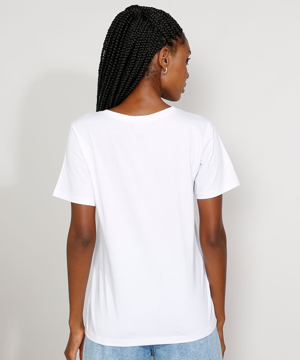 T-Shirt Feminina Mindset Básica Ampla Manga Curta Decote V Branca