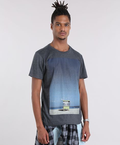Camiseta com Estampa de Paisagem Cinza Mescla Escuro