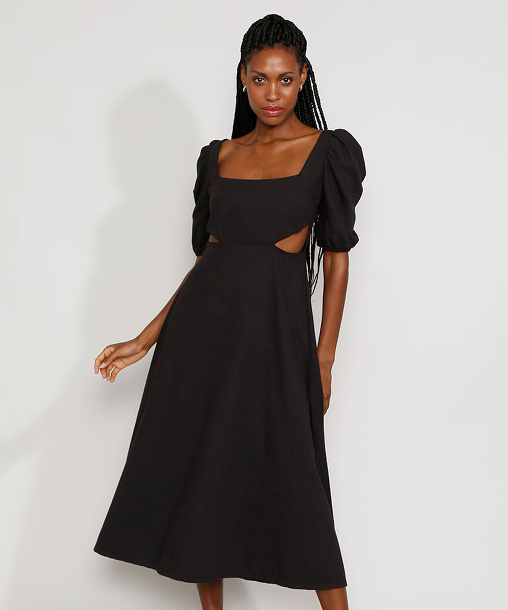 Vestido Feminino Mindset Midi Mindset com Vazado Manga Bufante Preto Menor preço em Vestido Feminino Mindset Midi Mindset com Vazado Manga Bufante Preto