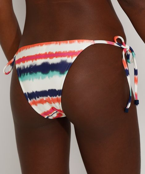 Biquíni Calcinha Tanga Estampado Tie Dye Listrado com Amarração e Proteção UV50+ Branco