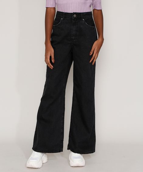Calça Jeans Feminina Pantalona Wide Cintura Super Alta Preta