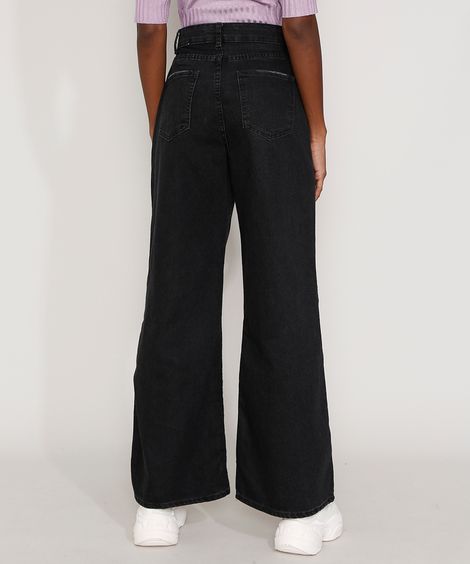 Calça Jeans Feminina Pantalona Wide Cintura Super Alta Preta