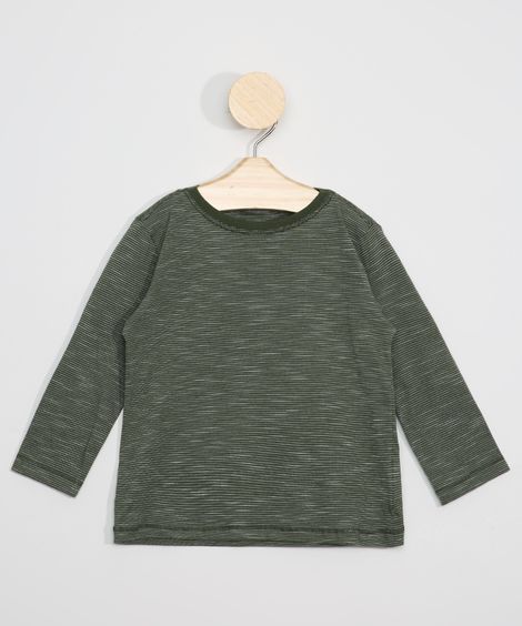 Camiseta Infantil Listrada Manga Longa Verde Militar
