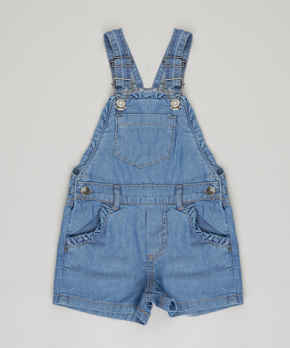 Jardineira Jeans Infantil Básica com Babados Azul Médio Menor preço em Jardineira Jeans Infantil Básica com Babados Azul Médio