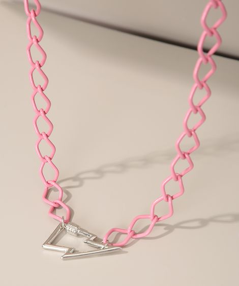 Colar Feminino Corrente com Pingente de Raio Rosa
