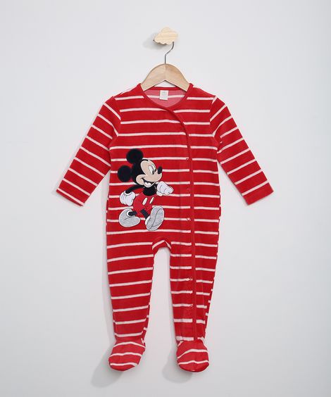Macacão de Plush Infantil Listrado com Bordado do Mickey e Pezinho Manga Longa Vermelho