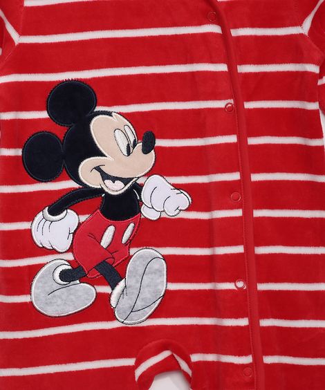 Macacão de Plush Infantil Listrado com Bordado do Mickey e Pezinho Manga Longa Vermelho