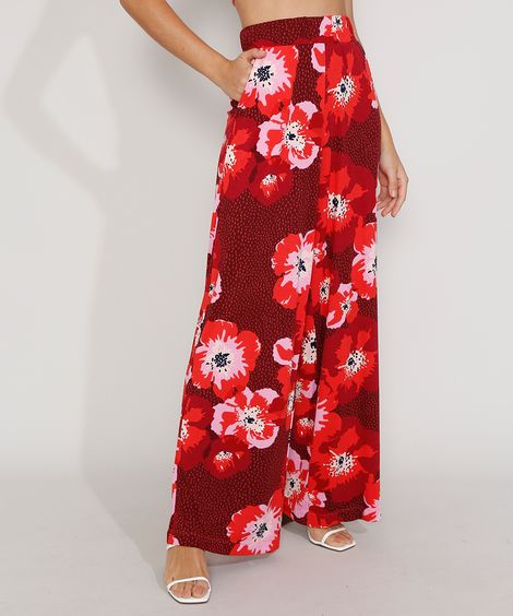Calça Feminina Pantalona Cintura Super Alta Estampada Floral com Bolsos Vermelha Escuro