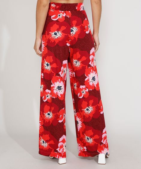 Calça Feminina Pantalona Cintura Super Alta Estampada Floral com Bolsos Vermelha Escuro