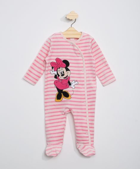 Macacão de Plush Infantil Listrado com Bordado da Minnie e Pezinho Manga Longa Rosa Claro