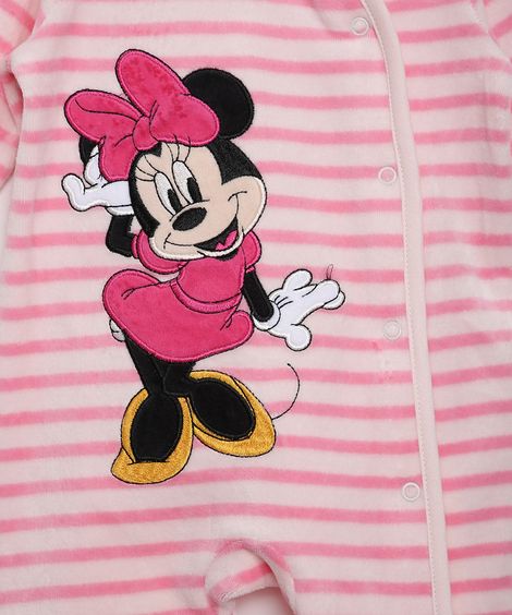 Macacão de Plush Infantil Listrado com Bordado da Minnie e Pezinho Manga Longa Rosa Claro