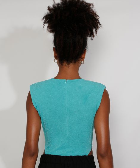Body Muscle Tee Feminino Mindset Cavado Texturizado com Lurex e Ombreiras Decote Redondo Verde Água