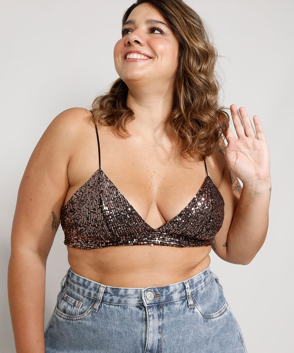 Top Cropped de Paetê Feminino Plus Size Mindset Alça Fina Decote V Marrom é boa?