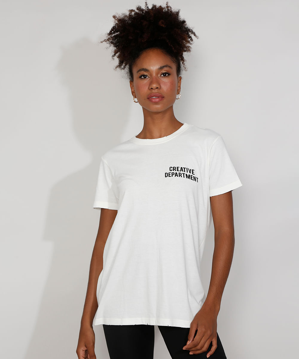 T-Shirt Feminina Mindset "Creative Department" Manga Curta Decote Redondo Off White Menor preço em T-Shirt Feminina Mindset "Creative Department" Manga Curta Decote Redondo Off White