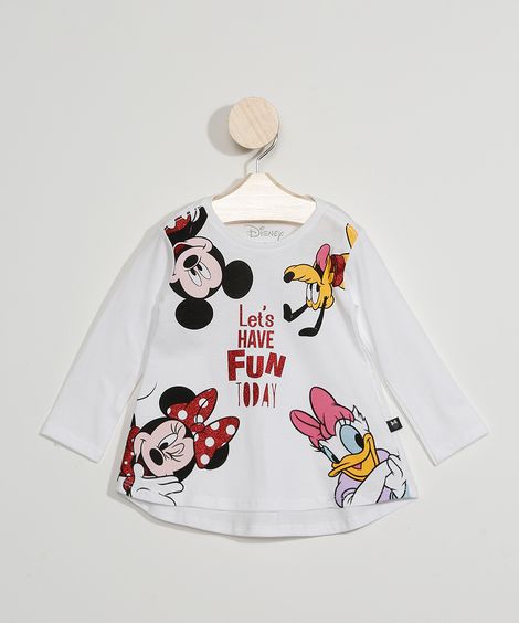 Blusa Manga Longa Infantil Turma do Mickey com Glitter Off White
