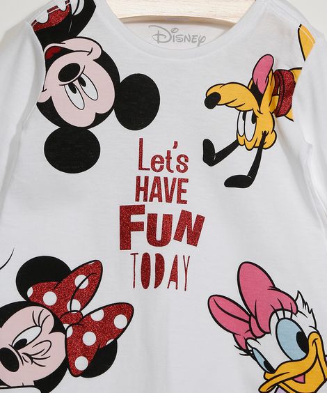Blusa Manga Longa Infantil Turma do Mickey com Glitter Off White