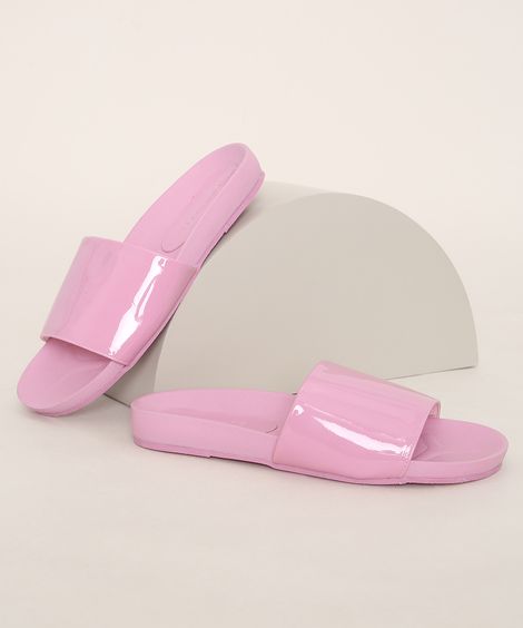 Chinelo Slide Feminino Oneself em Verniz Rosa