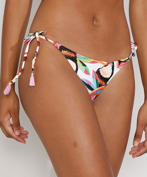 Biquíni Calcinha Estampado de Tucanos com Amarração e Tassel Proteção UV50+ Branco