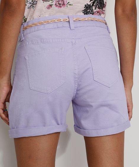 Short de Sarja Feminino Midi Cintura Alta com Cinto e Barra Dobrada Lilás