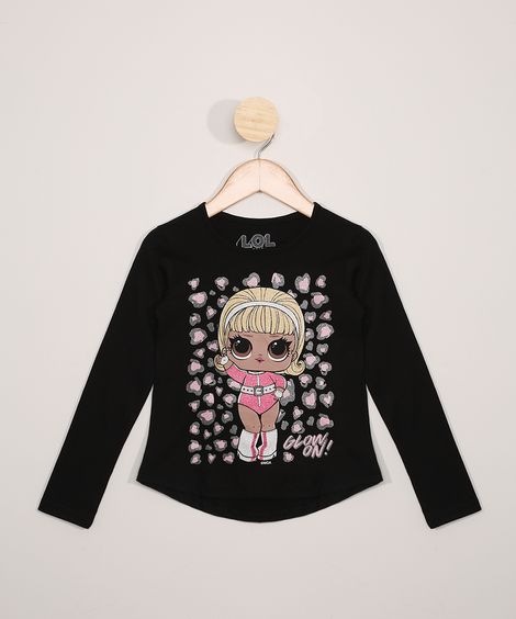 Blusa Infantil Manga longa Lol Surprise com Glitter Preta