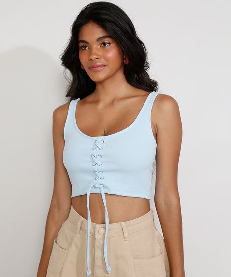 Top Cropped Feminino Corset com Lace Up Alça Larga Decote Reto Azul Claro
