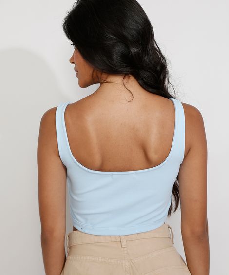 Top Cropped Feminino Corset com Lace Up Alça Larga Decote Reto Azul Claro