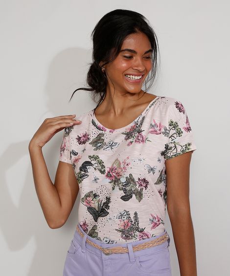 Camiseta Feminina Estampada Manga Curta Floral Decote Redondo Rosa Claro