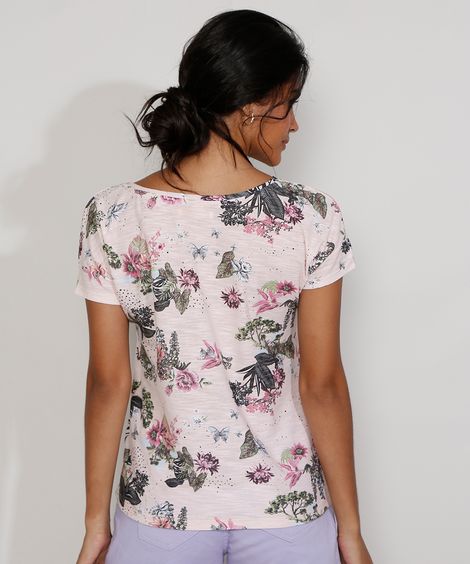 Camiseta Feminina Estampada Manga Curta Floral Decote Redondo Rosa Claro