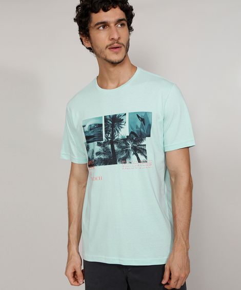 Camiseta Masculina Manga Curta Gola Careca Coqueiros Verde Claro