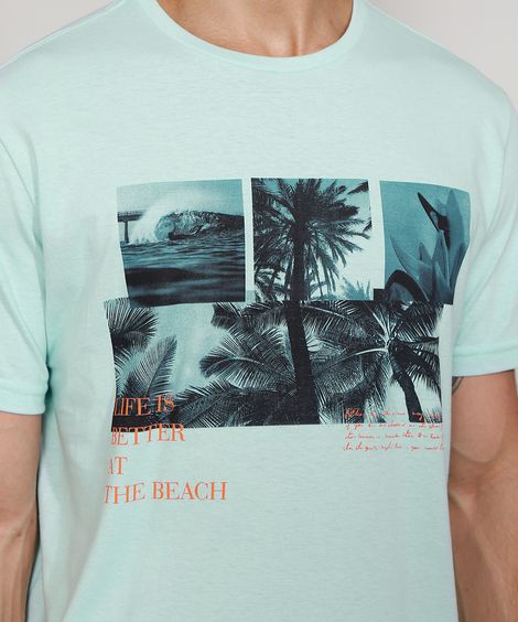 Camiseta Masculina Manga Curta Gola Careca Coqueiros Verde Claro