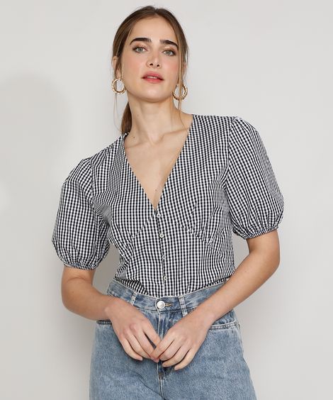 Blusa Feminina Mindset Estampada Xadrez Vichy com Botões Manga Bufante Decote V Preta
