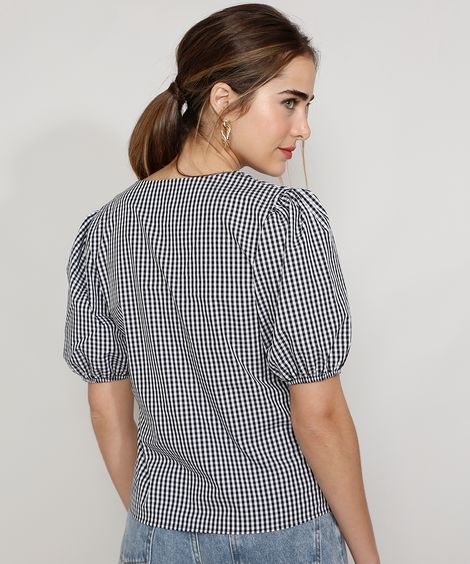 Blusa Feminina Mindset Estampada Xadrez Vichy com Botões Manga Bufante Decote V Preta