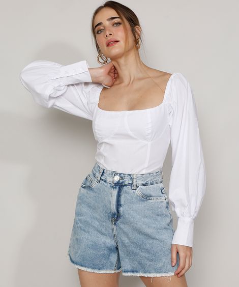 Blusa Feminina Mindset Corset Manga Bufante Decote Reto Branca
