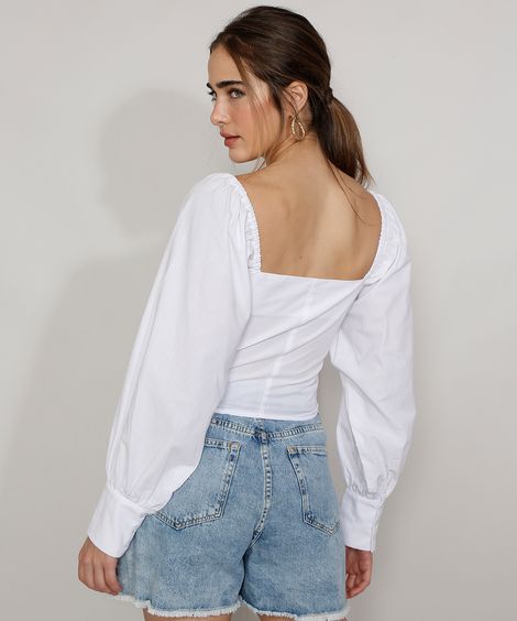 Blusa Feminina Mindset Corset Manga Bufante Decote Reto Branca