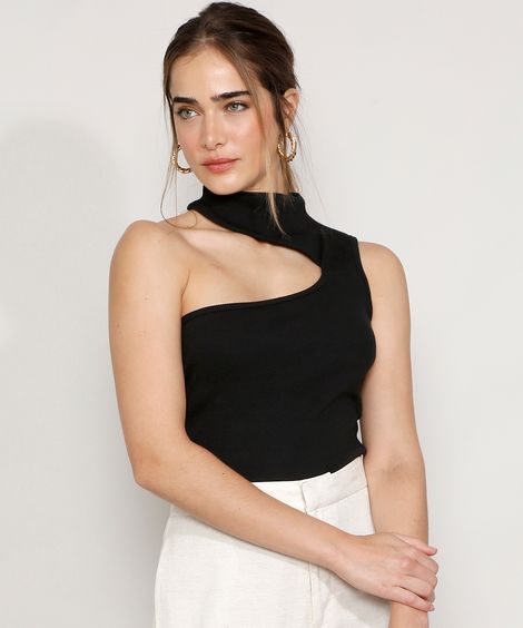 Blusa Um Ombro Só Canelada Assimétrica Sem Manga Gola Alta Mindset Preta