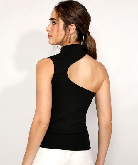 Blusa Um Ombro Só Canelada Assimétrica Sem Manga Gola Alta Mindset Preta