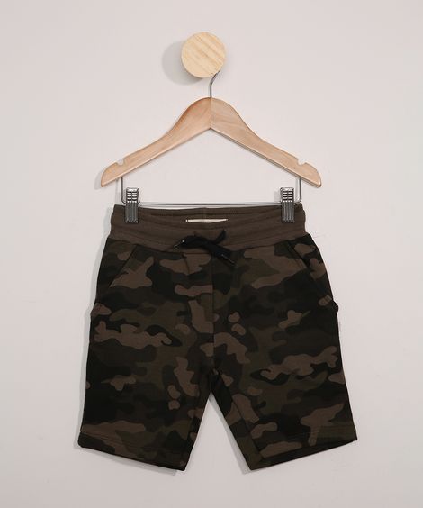 Bermuda de Moletom Infantil Camuflada Verde Militar
