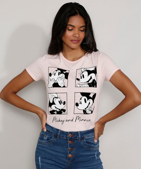 Camiseta Feminina Manga Curta Mickey e Minnie Decote Redondo Rosa Claro