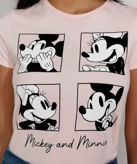 Camiseta Feminina Manga Curta Mickey e Minnie Decote Redondo Rosa Claro
