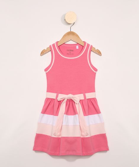 Vestido Infantil Sem Manga com Recortes e Laço Rosa