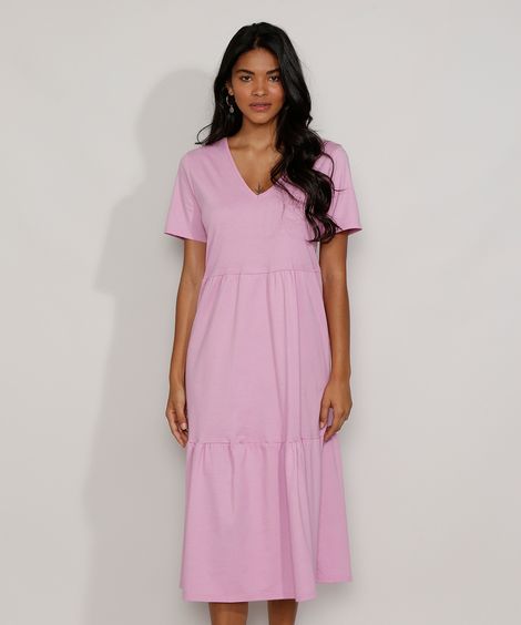 Vestido Midi de Algodão com Recortes Manga Curta Lilás