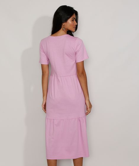 Vestido Midi de Algodão com Recortes Manga Curta Lilás