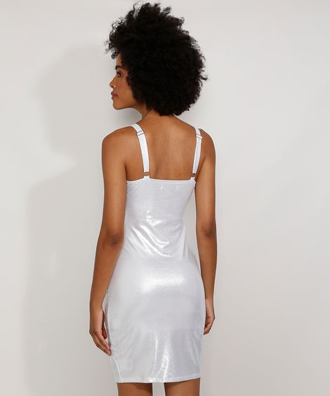 Vestido Feminino Curto Decote V com Fenda Alça Média Prateado