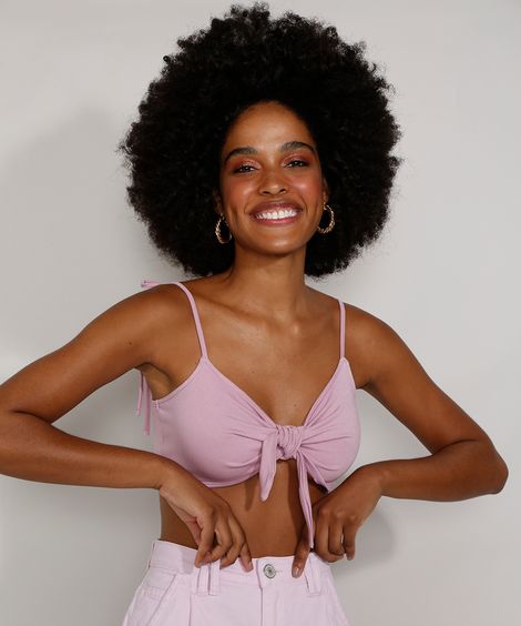 Top Cropped Feminino com Nó Alça Laço Decote V Lilás